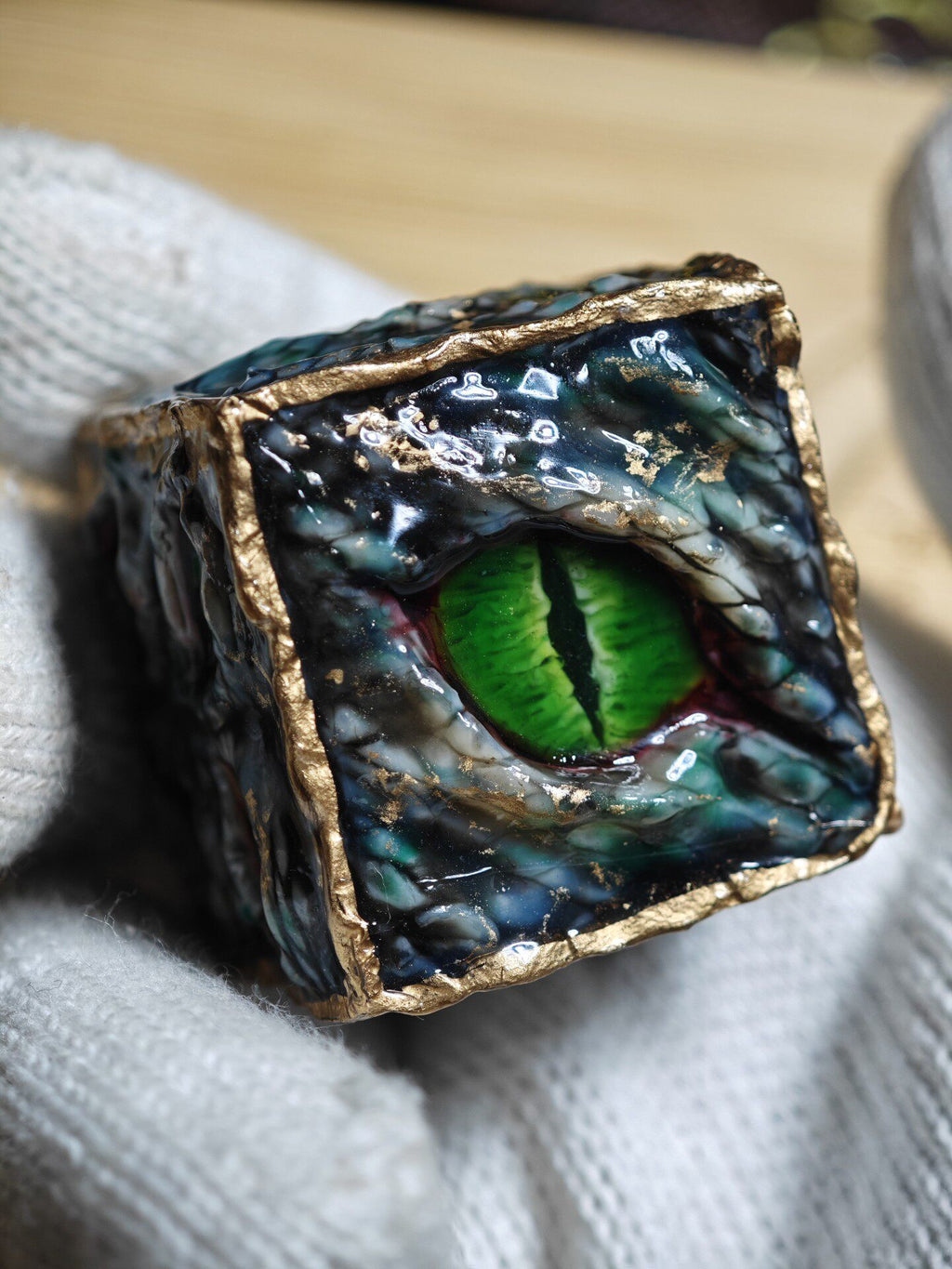 Handmade 30mm Serpent Eye D6 Dice - Gilded Scaled Monster Resin Die - Crux Jewelry product image 1
