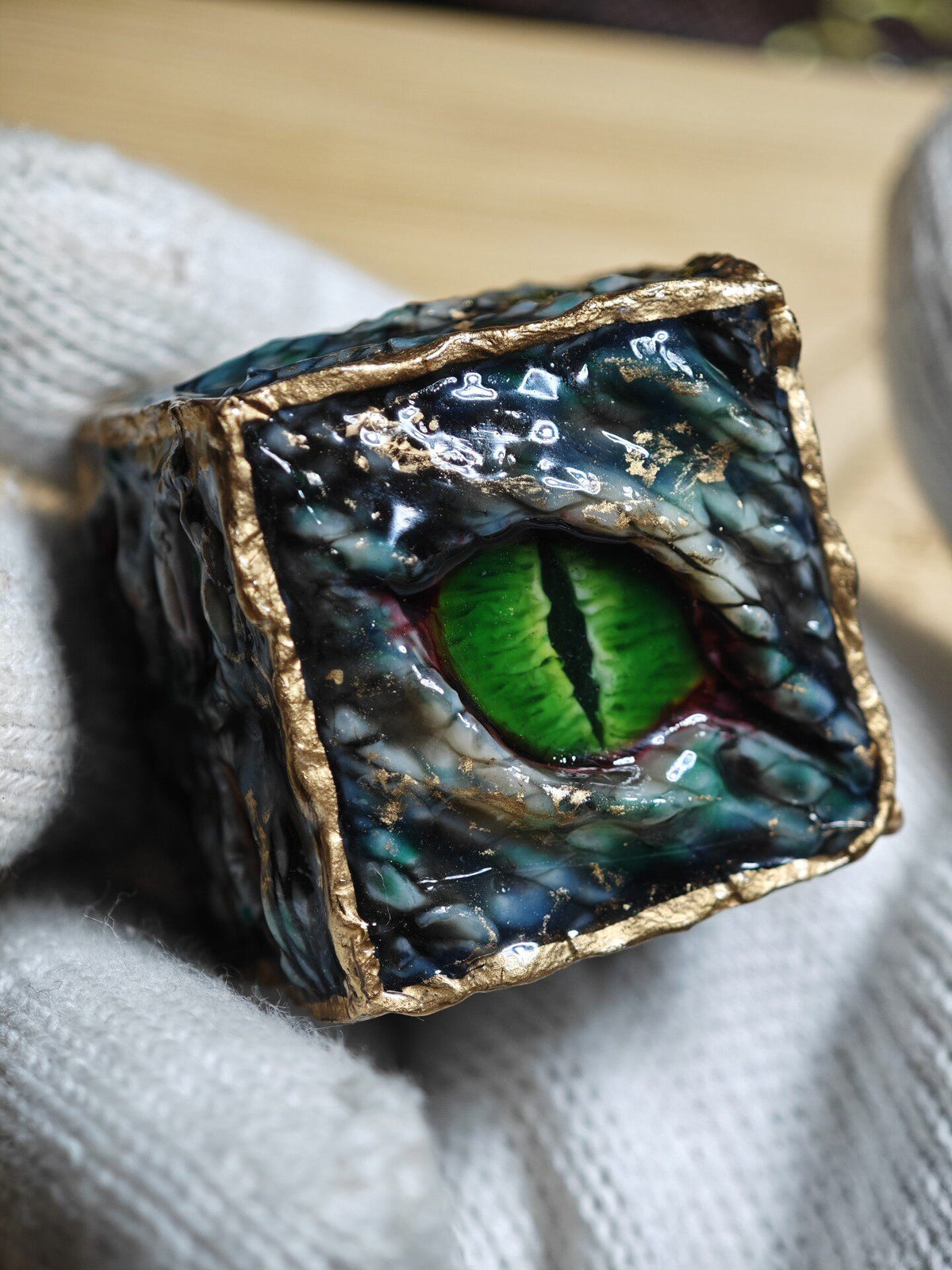 Handmade 30mm Serpent Eye D6 Dice - Gilded Scaled Monster Resin Die - Crux Jewelry product image 1
