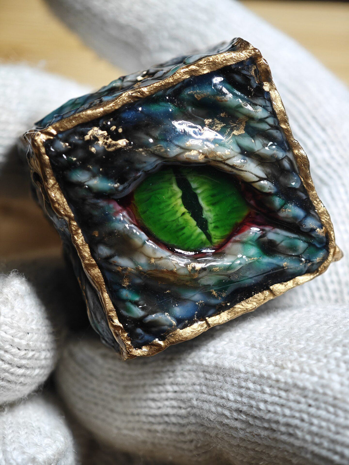 Handmade 30mm Serpent Eye D6 Dice - Gilded Scaled Monster Resin Die - Crux Jewelry product image 3