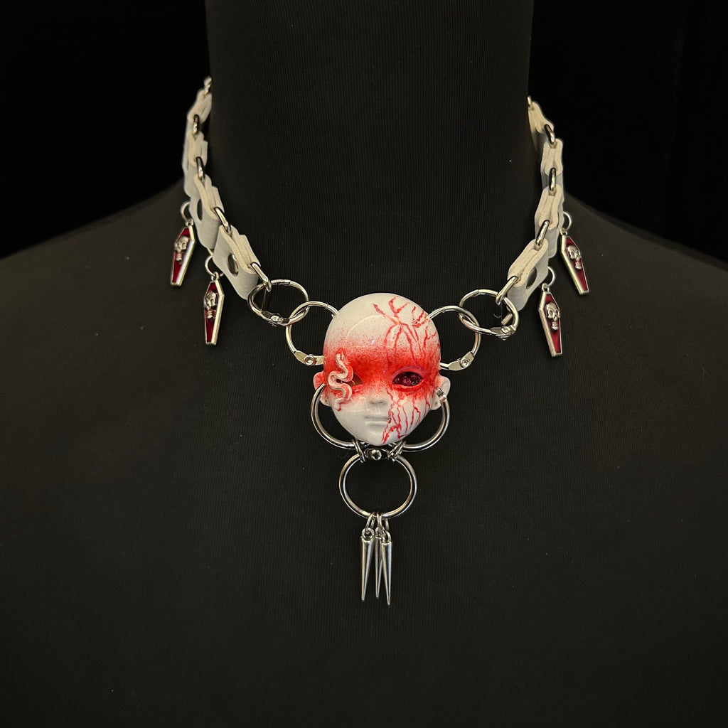 Bio-Horror "Infected" Doll Face Choker with White Snake & Red Veins - White - Crux Jewelry product photo