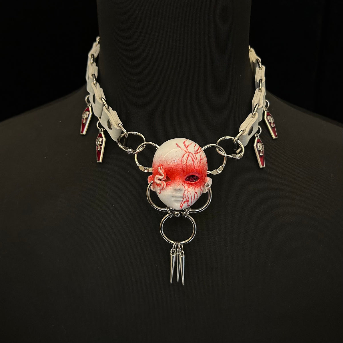 Bio-Horror "Infected" Doll Face Choker with White Snake & Red Veins - White - Crux Jewelry product photo