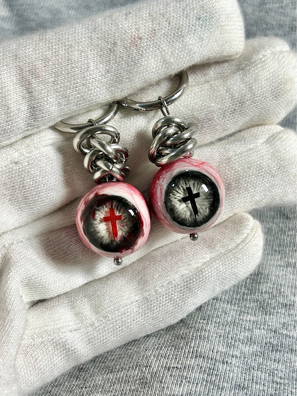 Sacred Torment | Heavy Chain Bloodshot Cross Eyeball Earrings - Crux Jewelry product image 1