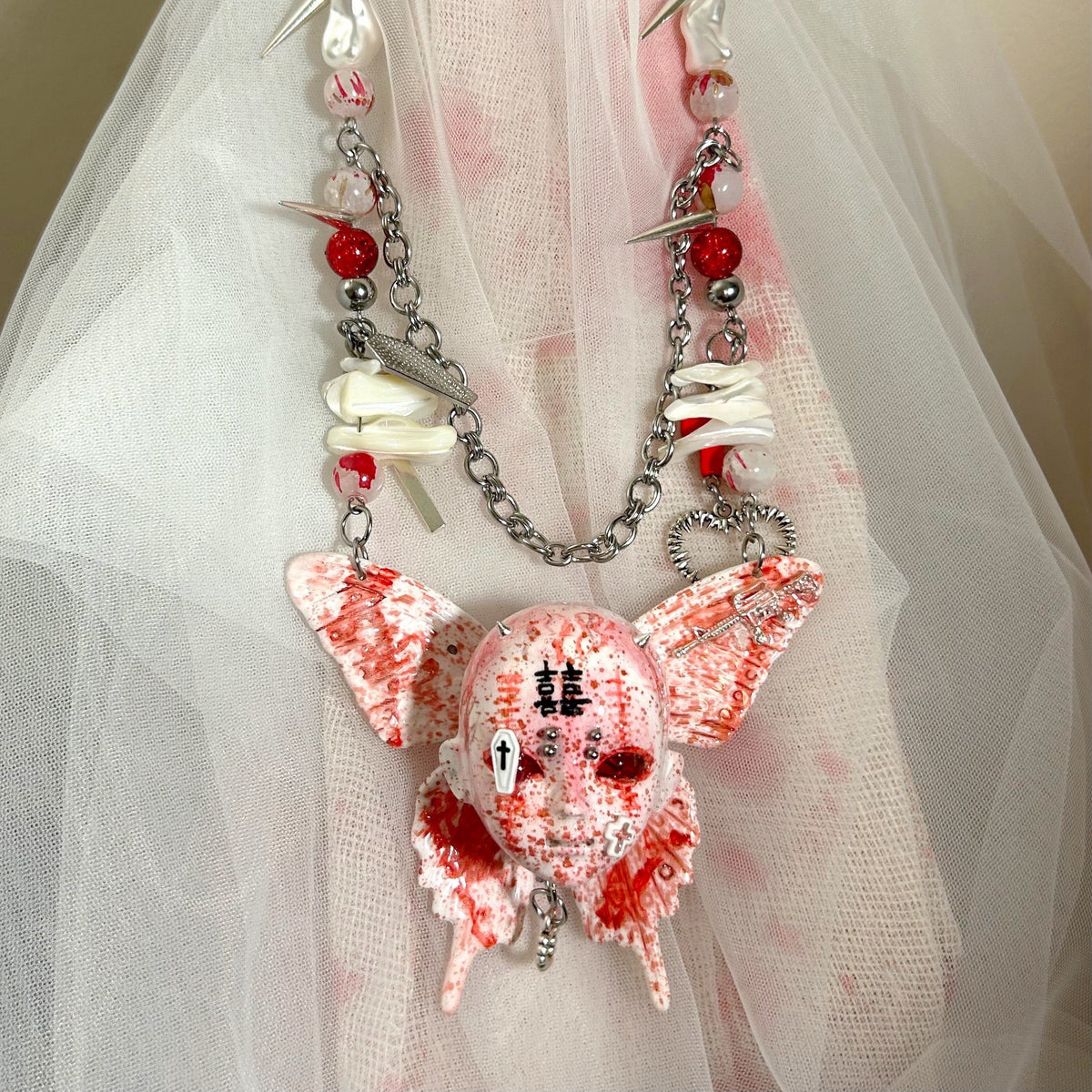 Bloody "Ghost Bride" Butterfly Doll Face Necklace - Double Happiness Symbol & Coffin Charm - Crux Jewelry product image 3