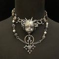 Silver Spiked Doll Face Necklace - Layered Beaded Chain & Inverted Cross Pendant - Crux Jewelry product image 1