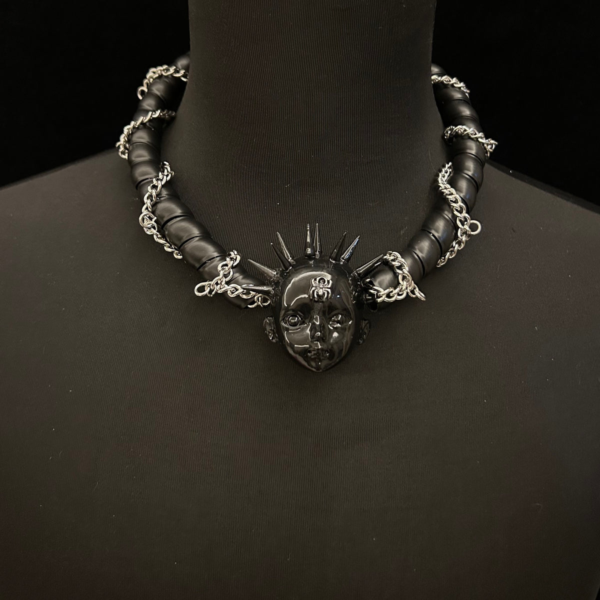 Black Glossy Spiked Doll Face Choker with Spider Emblem - Chunky Twisted Cord & Chain... - Crux Jewelry product image 1