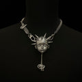 Silver Metallic Spiked Doll Face Necklace - Industrial Spine Chain & Abstract Knot Pendant - Crux Jewelry product image 1