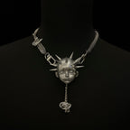 Silver Metallic Spiked Doll Face Necklace - Industrial Spine Chain & Abstract Knot Pendant - Crux Jewelry product image 1