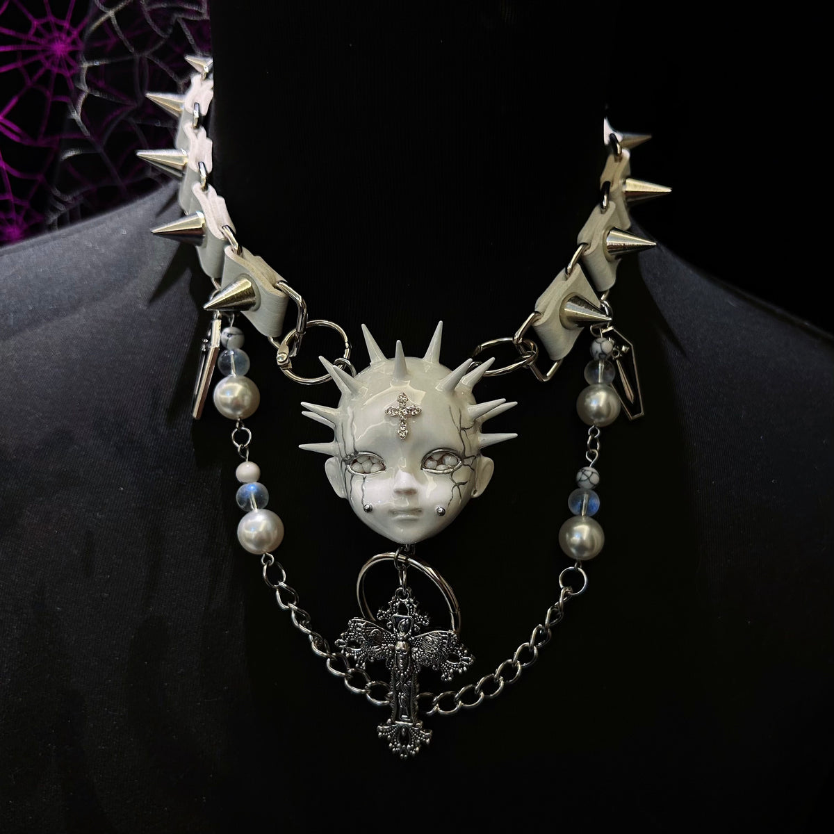 White Goth "Crying Angel" Spiked Doll Face Choker - Pearls, Coffins & Ornate Cross - Crux Jewelry product image 1