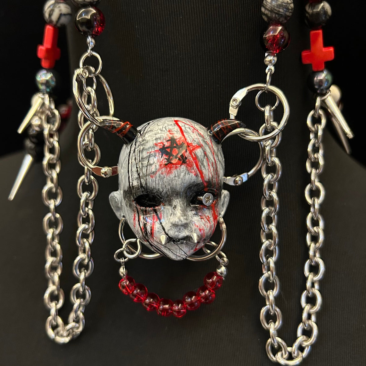 Occult Vampire Demon Doll Face Necklace - Bloody Pentagram, Fangs & Heavy Chains With... - Crux Jewelry product image 1
