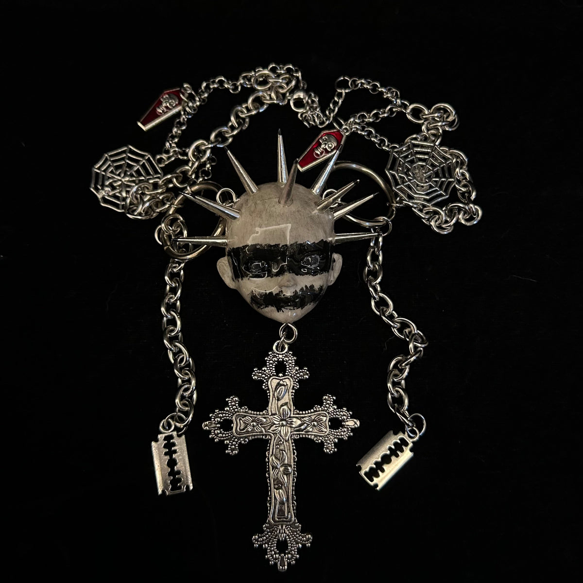 Black Metal "Corpse Paint" Spiked Doll Face Necklace - Ornate Cross & Razor Blade Charms - Crux Jewelry product image 1