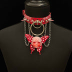 Red Graffiti Leather Spiked Choker with Spiral Doll Face & Spotted Butterfly Wings - Crux Jewelry product image 2