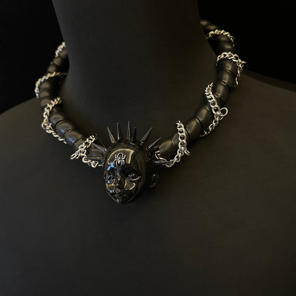 Black Glossy Spiked Doll Face Choker with Spider Emblem - Chunky Twisted Cord & Chain... - Crux Jewelry product image 2