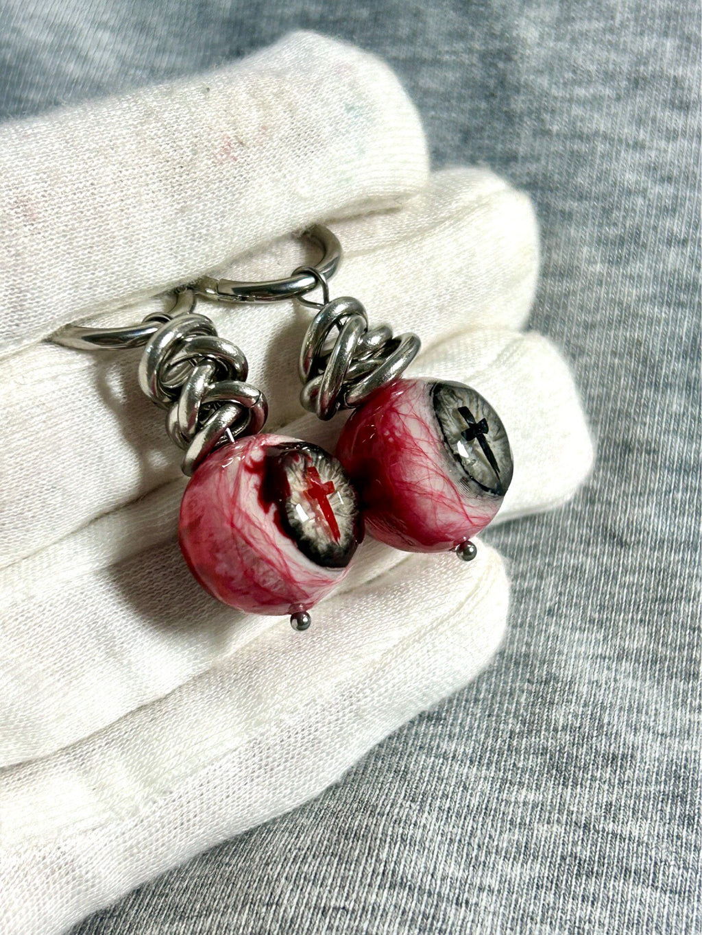 Sacred Torment | Heavy Chain Bloodshot Cross Eyeball Earrings - Crux Jewelry product image 2