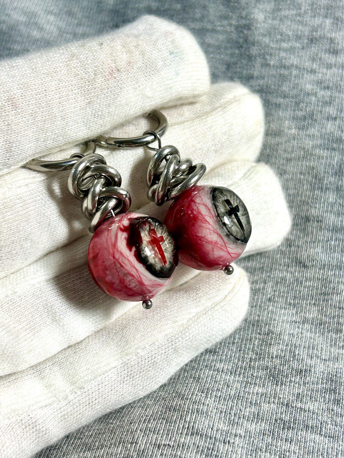 Sacred Torment | Heavy Chain Bloodshot Cross Eyeball Earrings - Crux Jewelry product image 2