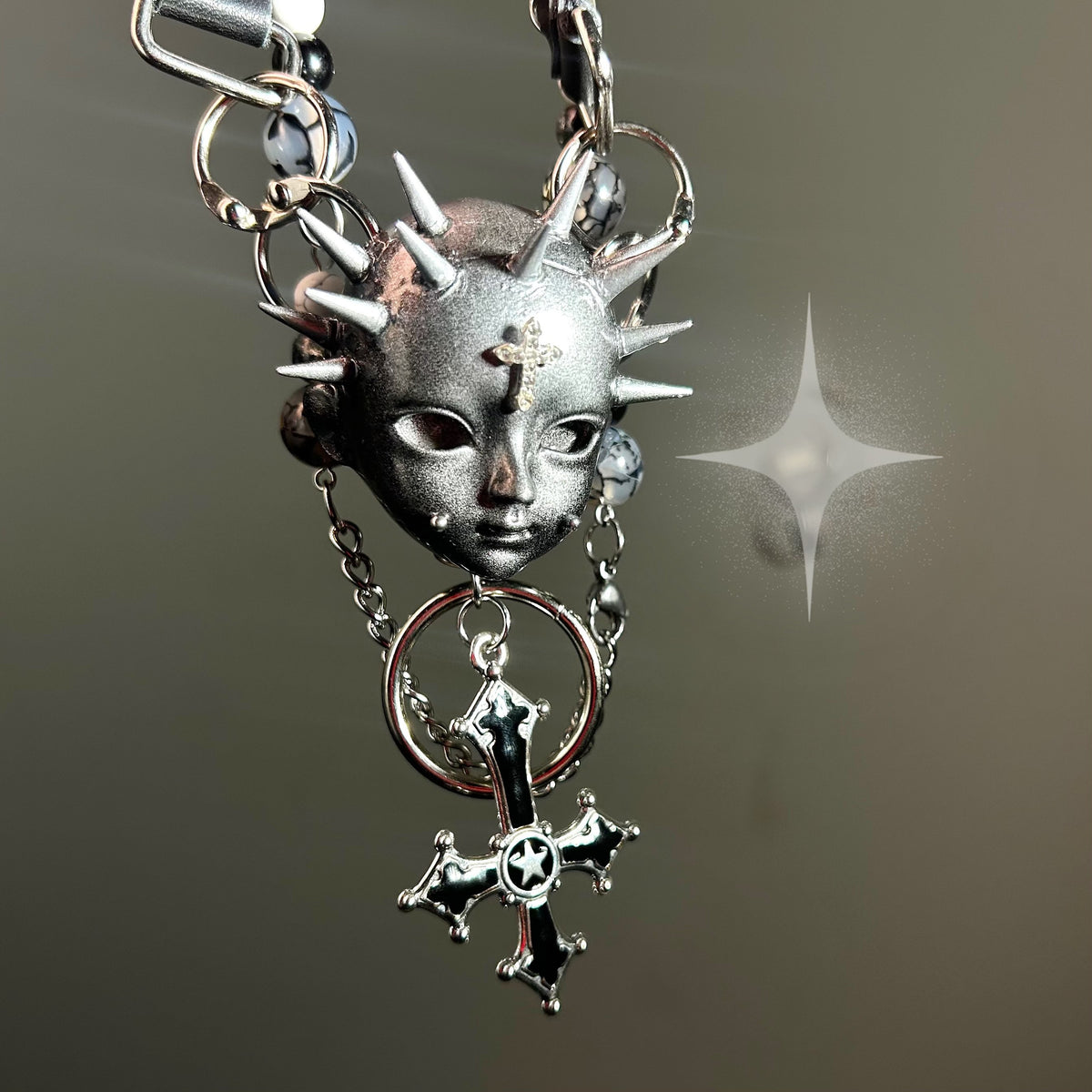 Silver Spiked Doll Face Necklace - Layered Beaded Chain & Inverted Cross Pendant - Crux Jewelry product image 3