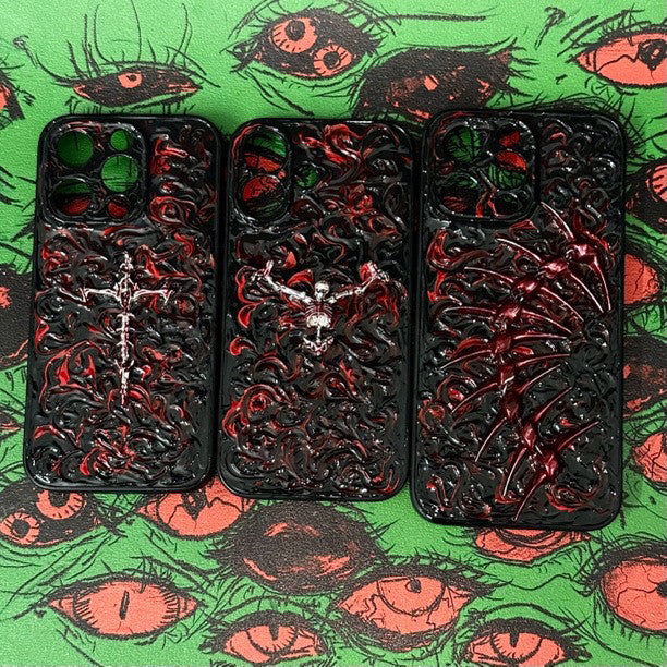 "Gothic Relics" 3D Embossed Phone Case | Bloody Cross, Fallen Angel & Spine Ribcage Art - body jewelry 1