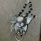 Silver Metallic Butterfly Doll Face Necklace with Rhinestone Heart & Winged Skull Charm - Crux Jewelry product image 4