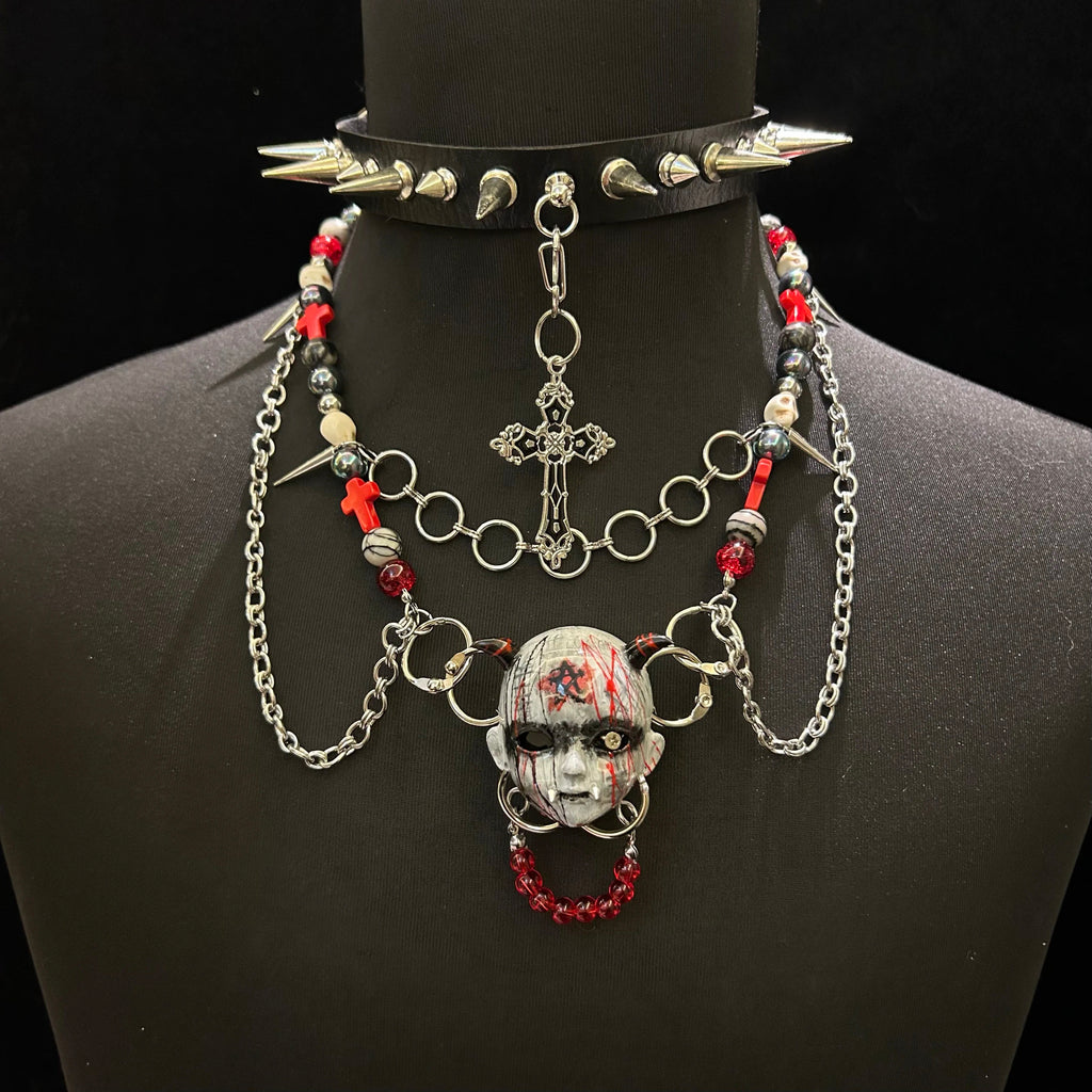 Occult Vampire Demon Doll Face Necklace - Bloody Pentagram, Fangs & Heavy Chains With... - Crux Jewelry product image 2