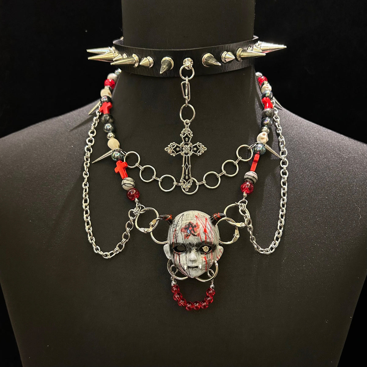 Occult Vampire Demon Doll Face Necklace - Bloody Pentagram, Fangs & Heavy Chains With... - Crux Jewelry product image 2