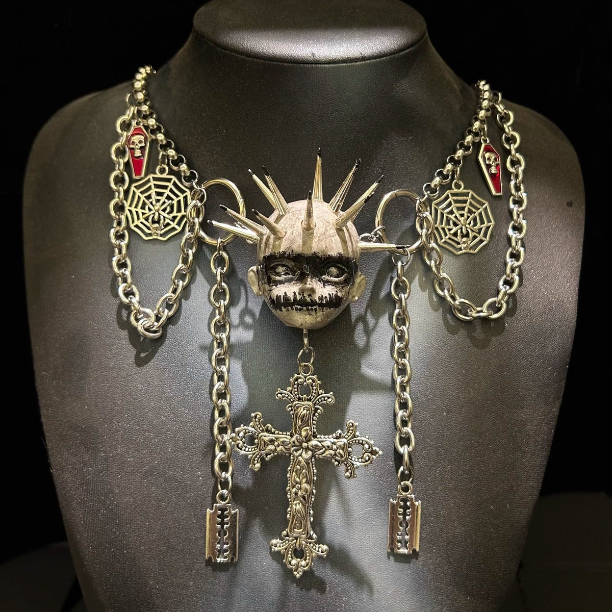 Black Metal "Corpse Paint" Spiked Doll Face Necklace - Ornate Cross & Razor Blade Charms - Crux Jewelry product image 2
