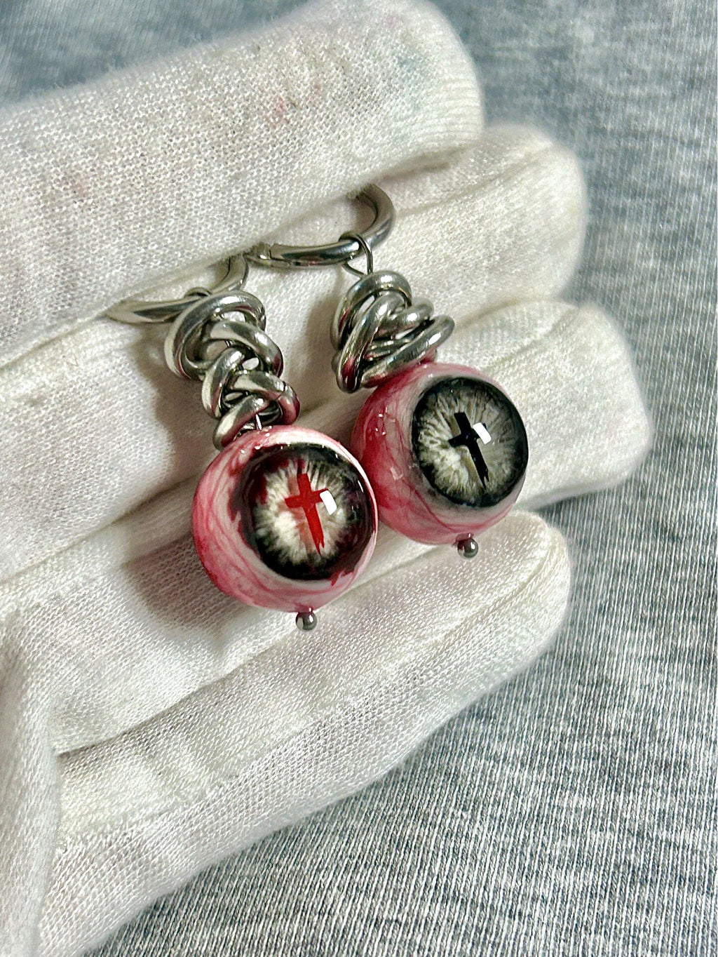 Sacred Torment | Heavy Chain Bloodshot Cross Eyeball Earrings - Crux Jewelry product image 3