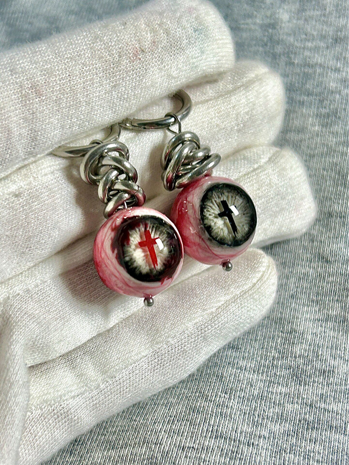Sacred Torment | Heavy Chain Bloodshot Cross Eyeball Earrings - Crux Jewelry product image 3