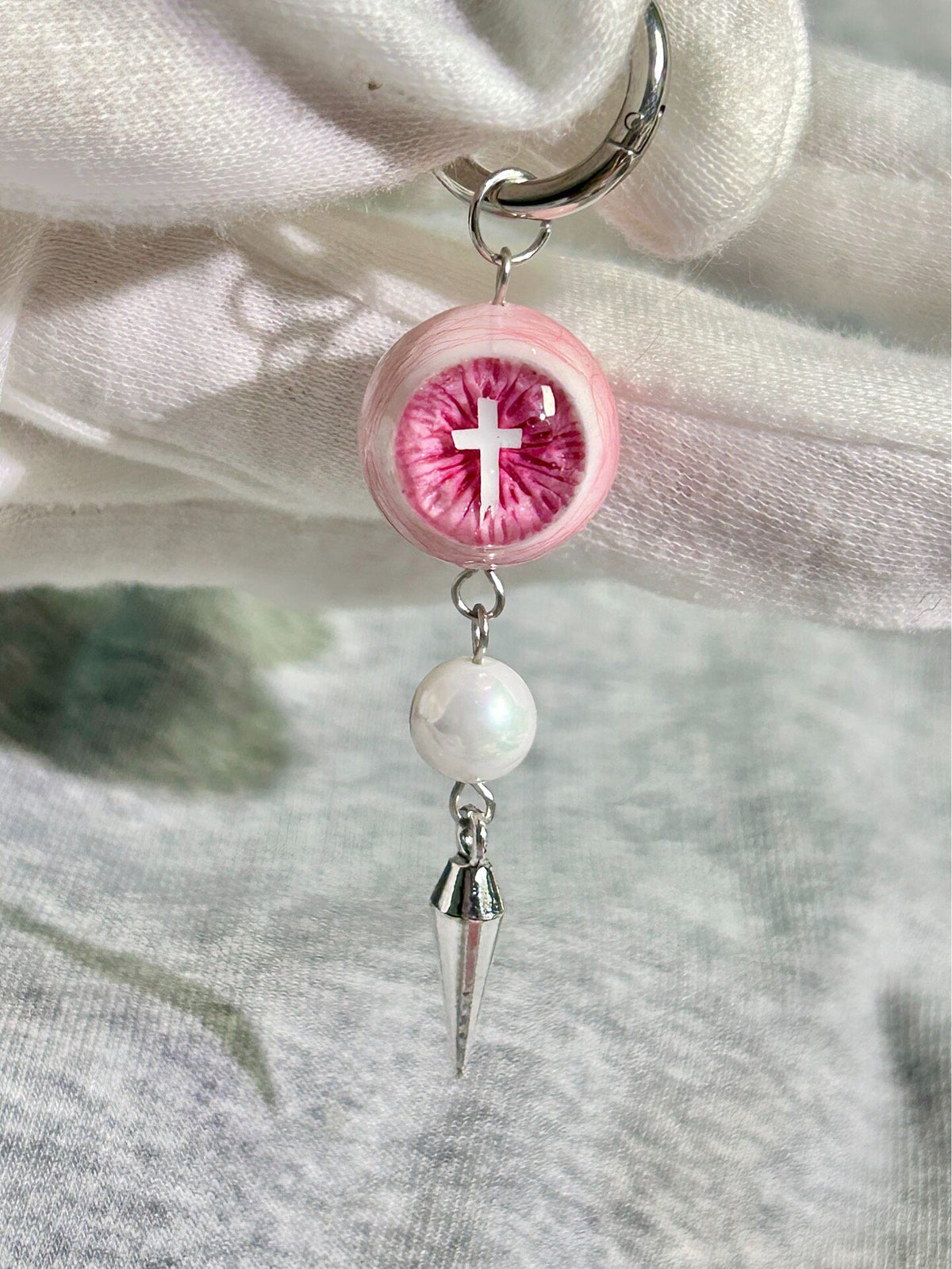 Holy Heartbreak | Pastel Goth Pink Eyeball Pearl Drop Earrings - Crux Jewelry product image 3