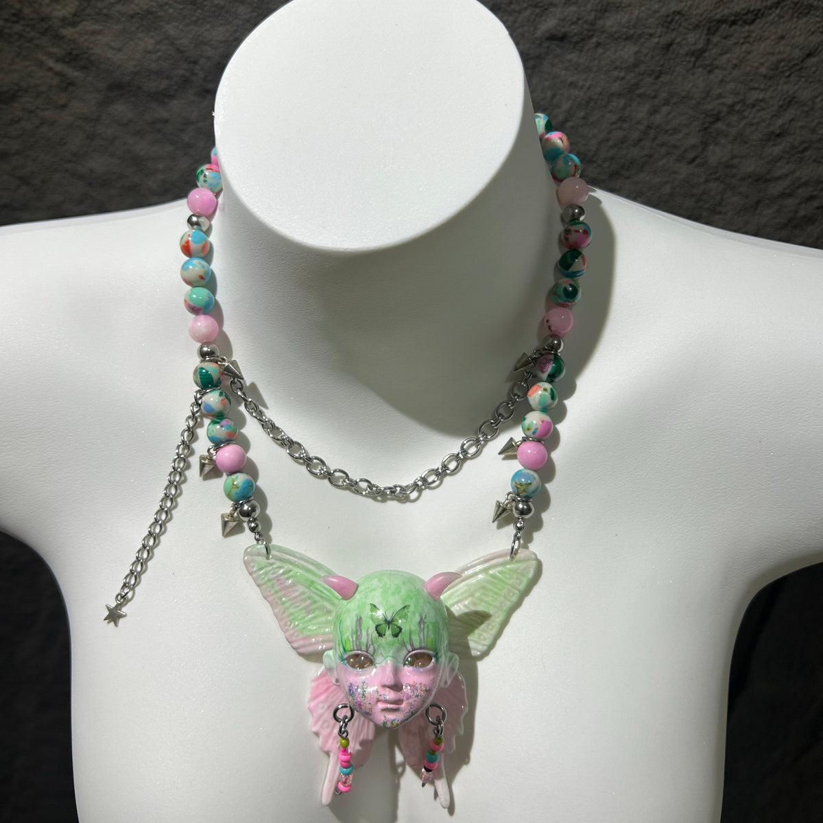Pastel Goth Green Moth Doll Face Necklace with Pink Horns & Candy Beads - Crux Jewelry product image 2