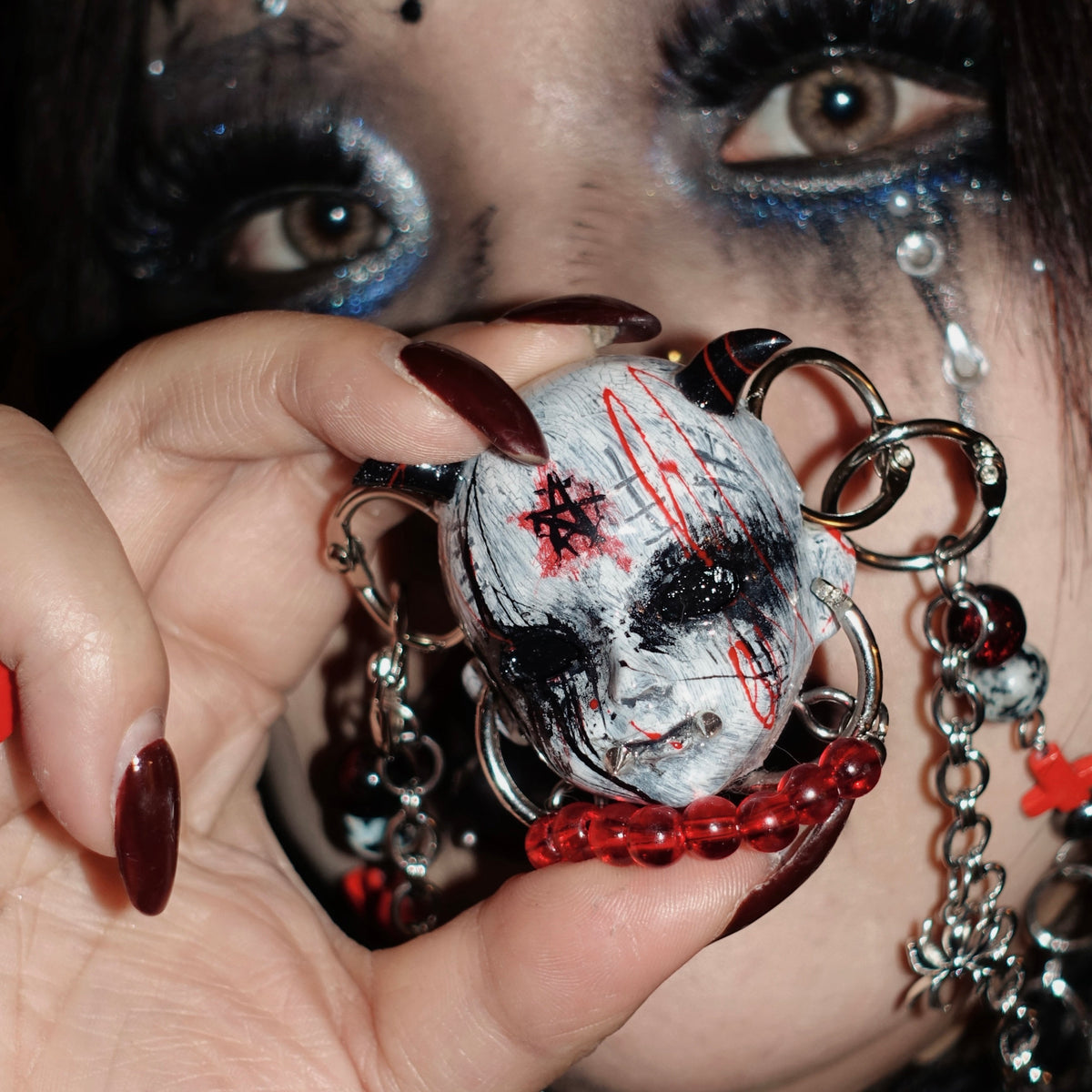 Occult Vampire Demon Doll Face Necklace - Bloody Pentagram, Fangs & Heavy Chains With... - Crux Jewelry product image 3
