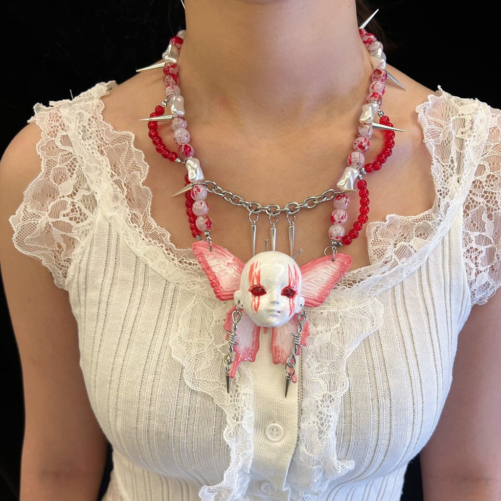 Yami Kawaii Pink Butterfly "Bleeding Eyes" Doll Face Necklace - Spikes & Blood... - Crux Jewelry product image 3