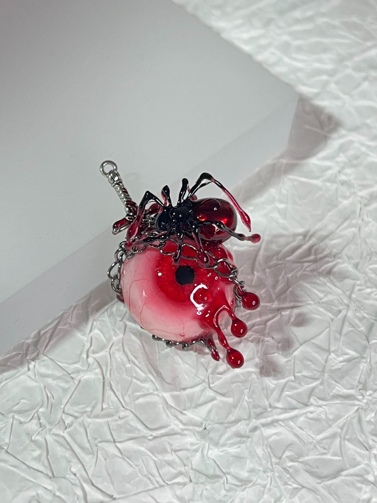 Red Tentacle Heart Layered Necklace - Silver Spider & Cross Charms - Crux Jewelry product photo