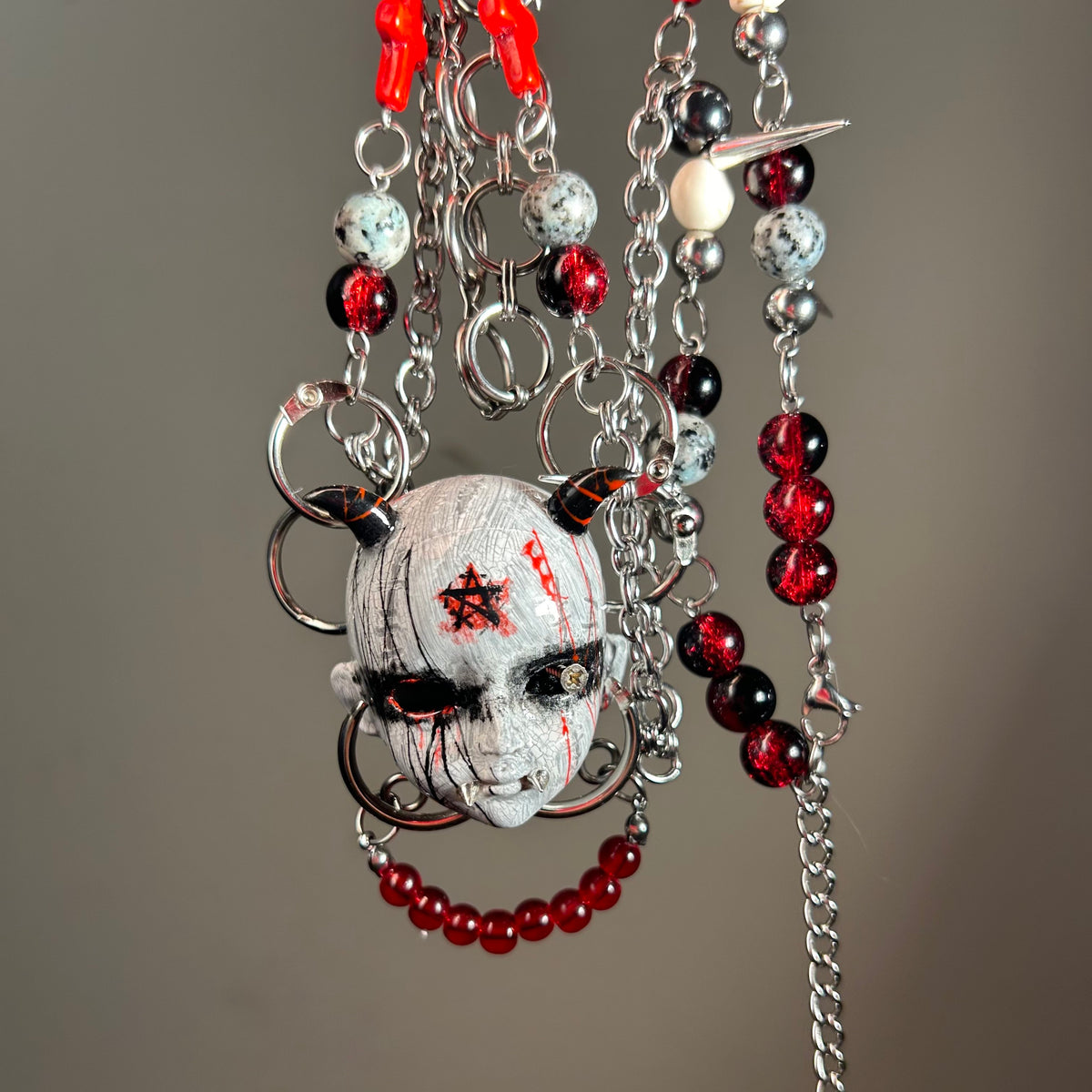 Occult Vampire Demon Doll Face Necklace - Bloody Pentagram, Fangs & Heavy Chains With... - Crux Jewelry product image 5