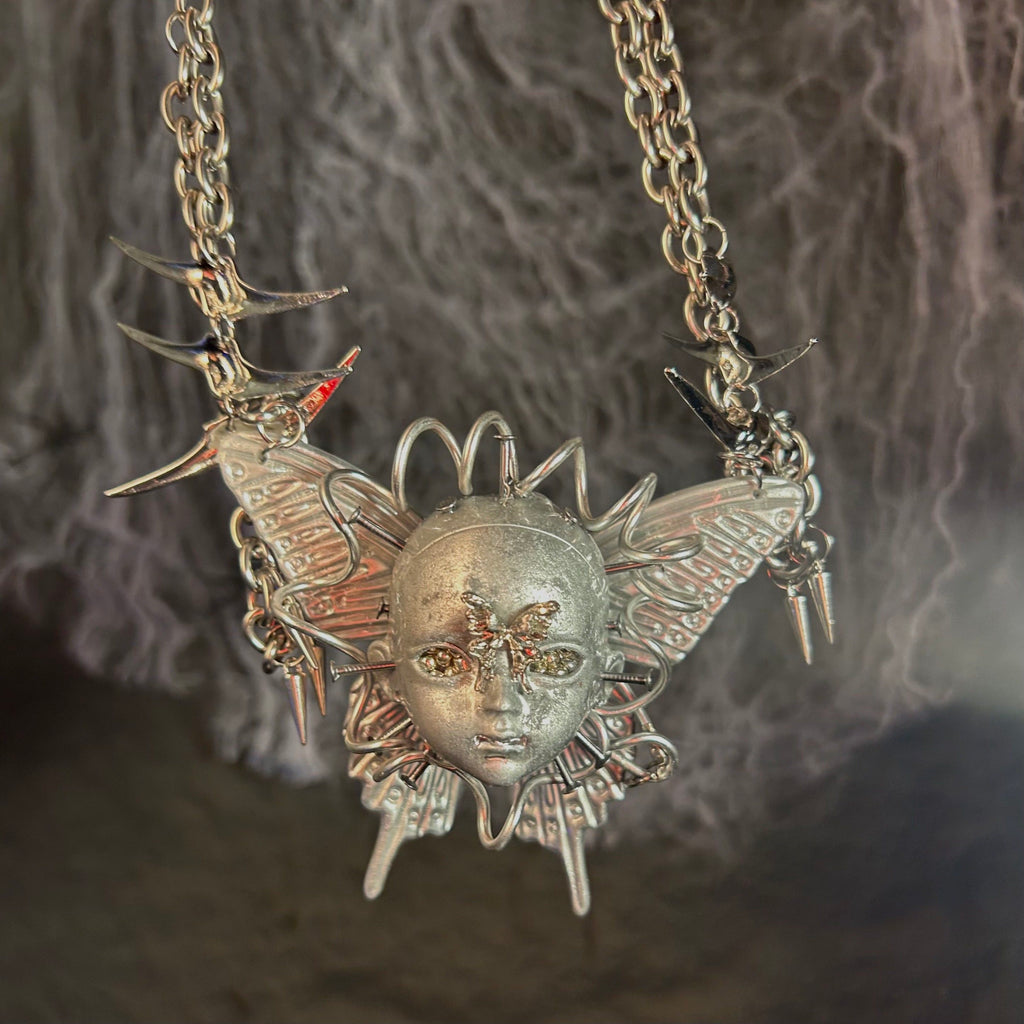 Cyberpunk Silver Metallic Butterfly Doll Face Necklace - Wire Wrapped & Spiked Chains - Crux Jewelry product image 3