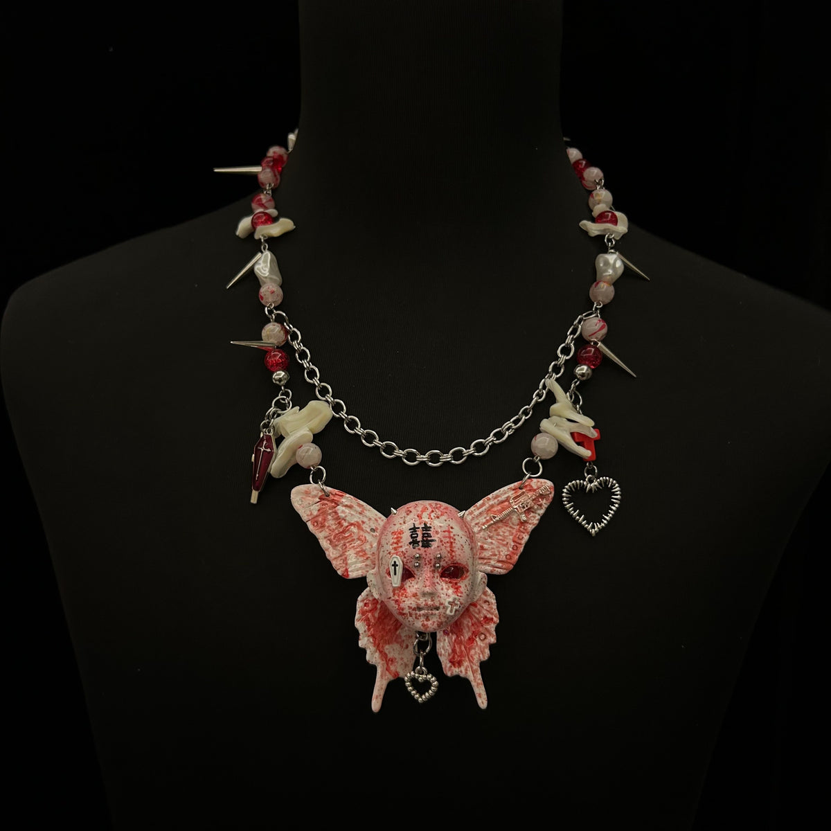 Bloody "Ghost Bride" Butterfly Doll Face Necklace - Double Happiness Symbol & Coffin Charm - Crux Jewelry product image 2