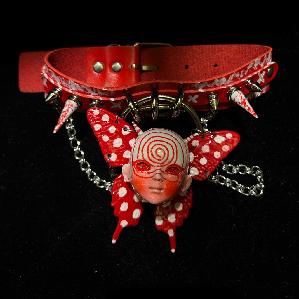 Red Graffiti Leather Spiked Choker with Spiral Doll Face & Spotted Butterfly Wings - Crux Jewelry product image 1