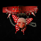Red Graffiti Leather Spiked Choker with Spiral Doll Face & Spotted Butterfly Wings - Crux Jewelry product image 1