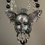 Silver Metallic Butterfly Doll Face Necklace with Rhinestone Heart & Winged Skull Charm - Crux Jewelry product image 6