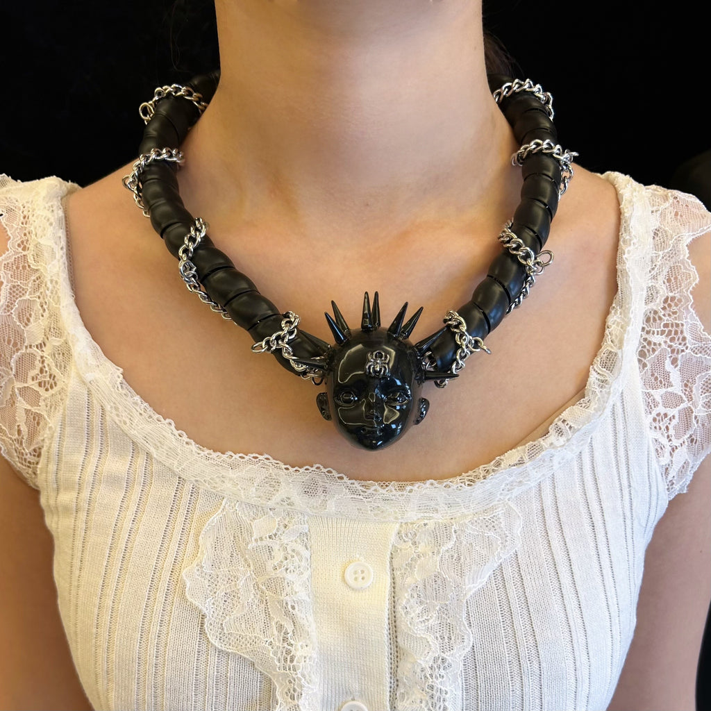 Black Glossy Spiked Doll Face Choker with Spider Emblem - Chunky Twisted Cord & Chain... - Crux Jewelry product image 3