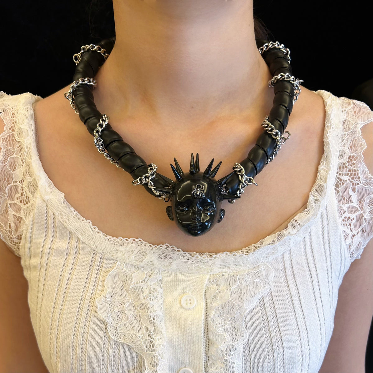 Black Glossy Spiked Doll Face Choker with Spider Emblem - Chunky Twisted Cord & Chain... - Crux Jewelry product image 3