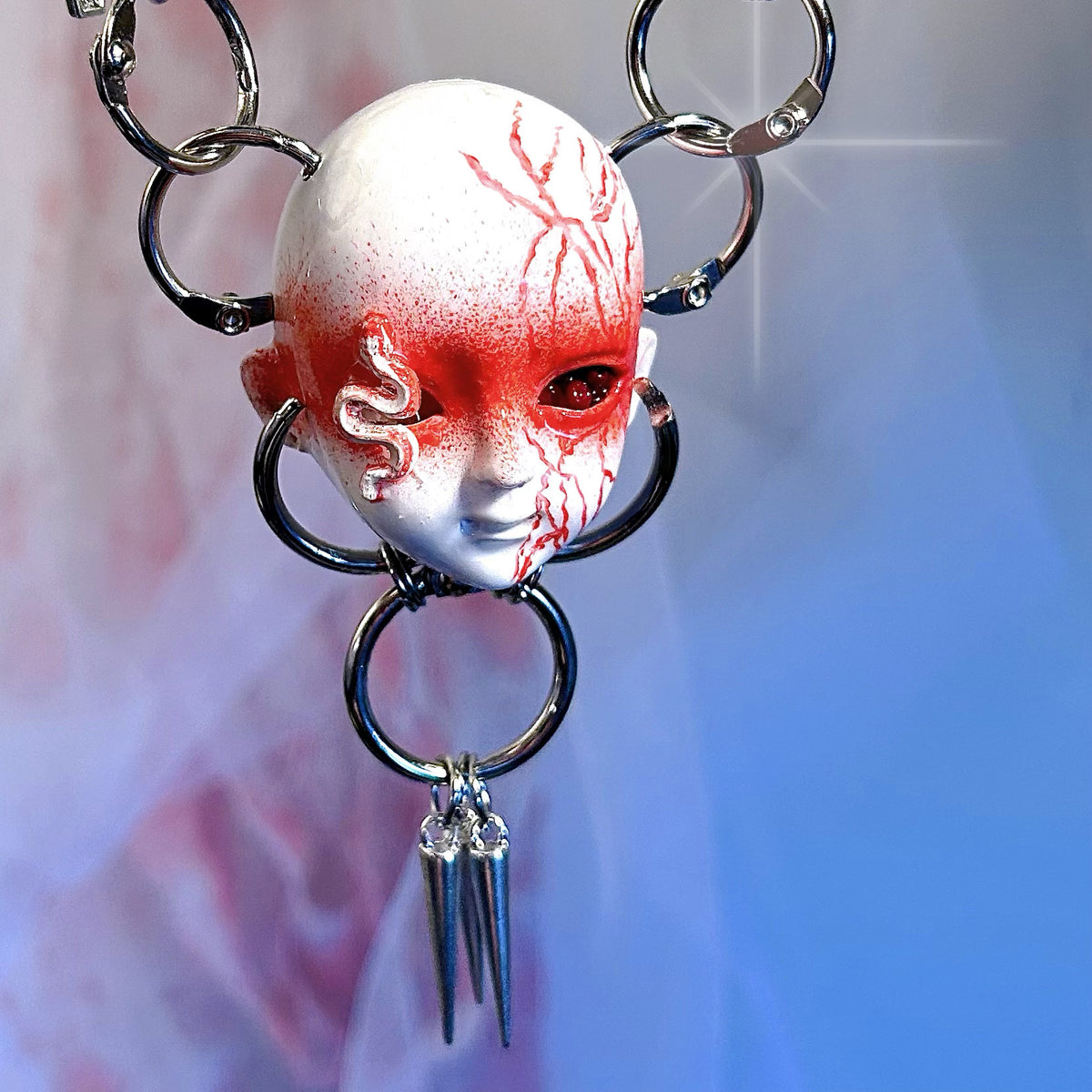 Bio-Horror "Infected" Doll Face Choker with White Snake & Red Veins - White - Crux Jewelry product photo