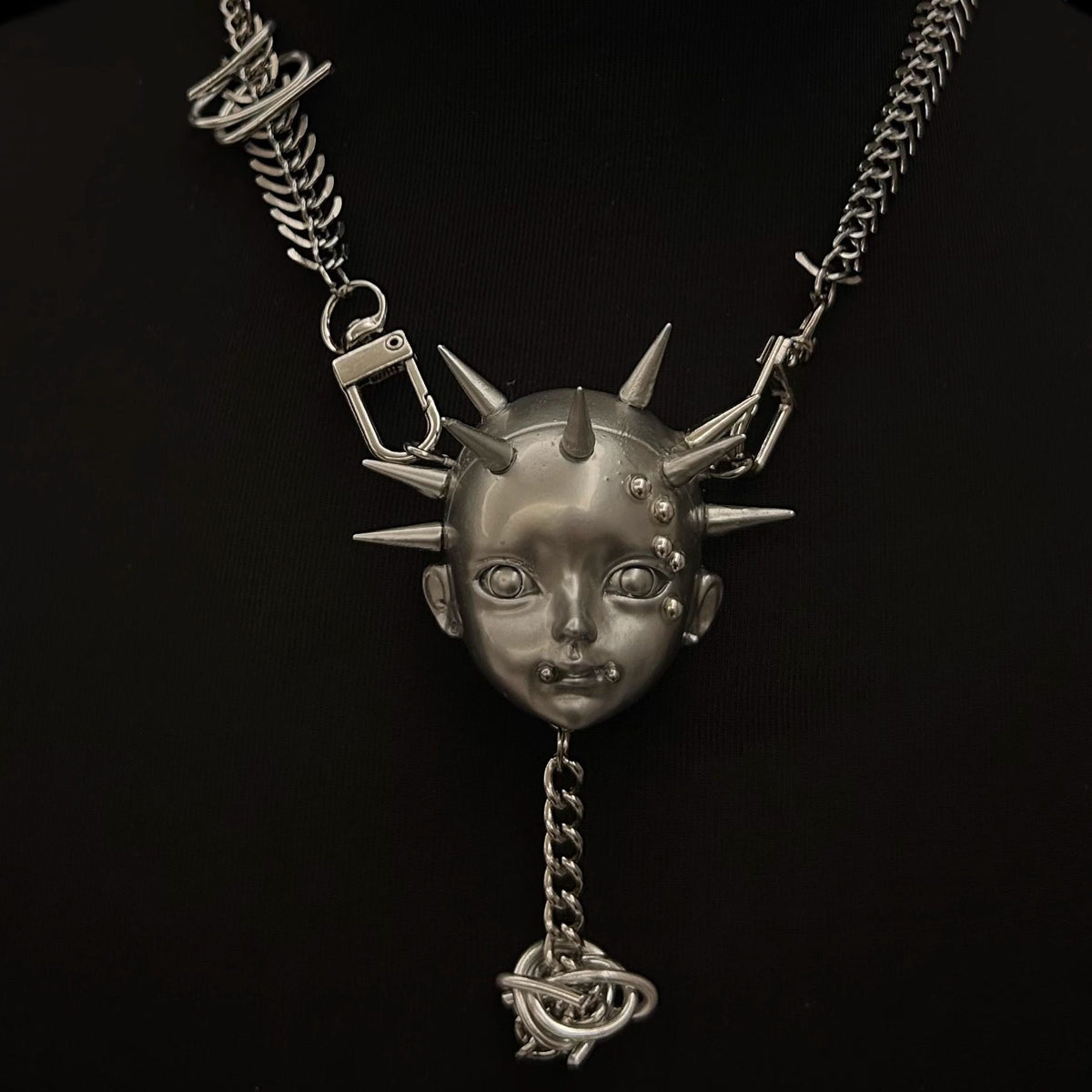 Silver Metallic Spiked Doll Face Necklace - Industrial Spine Chain & Abstract Knot Pendant - Crux Jewelry product image 2