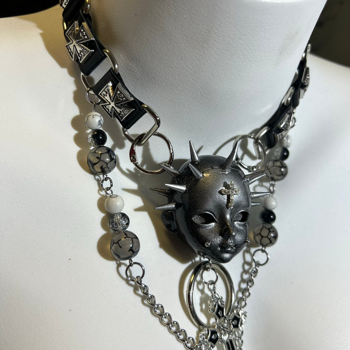 Silver Spiked Doll Face Necklace - Layered Beaded Chain & Inverted Cross Pendant - Crux Jewelry product image 4