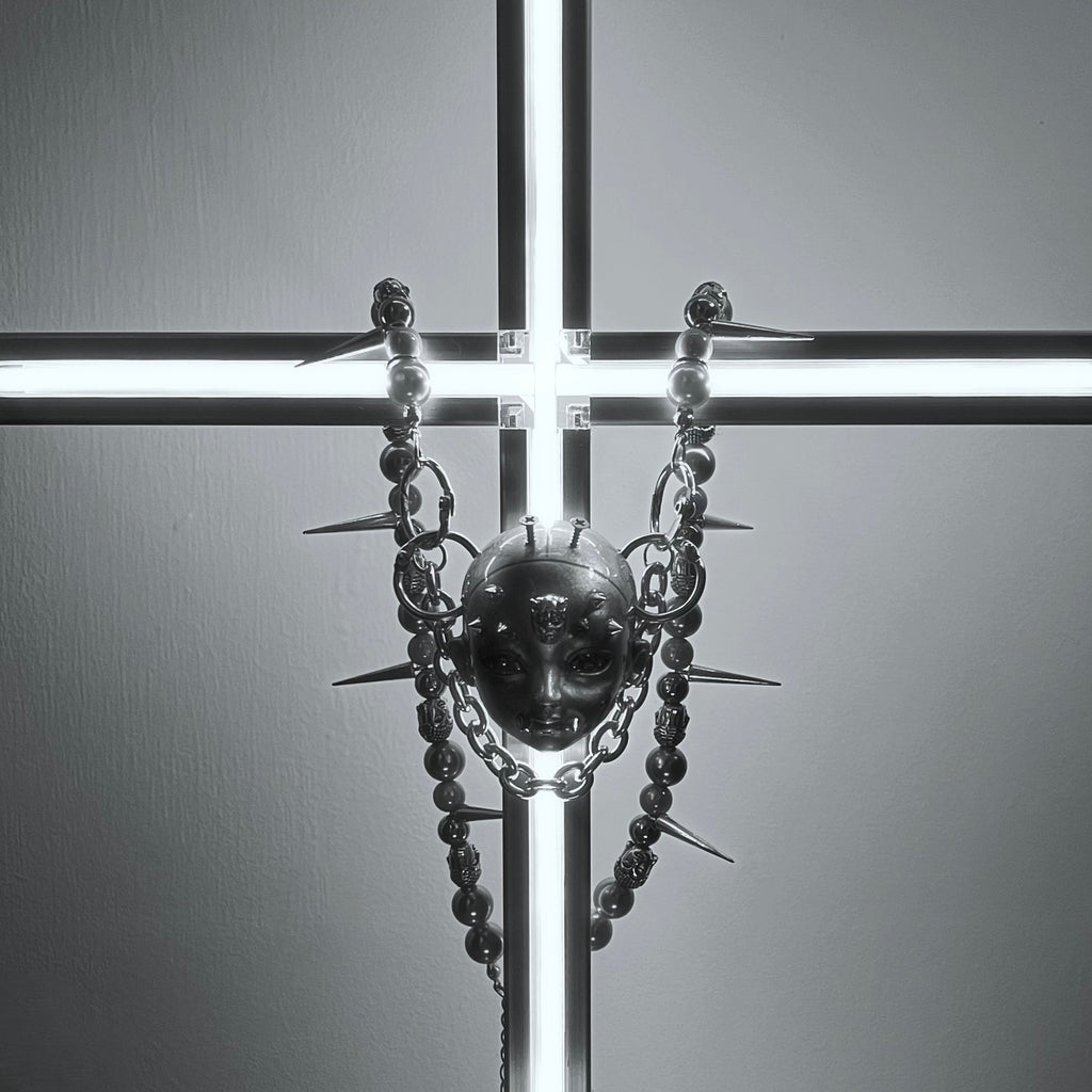 Silver Metallic "Third Eye" Crying Doll Face Choker - Black Leather & Gothic Cross Studs - Crux Jewelry product image 4