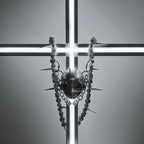 Silver Metallic "Third Eye" Crying Doll Face Choker - Black Leather & Gothic Cross Studs - Crux Jewelry product image 4