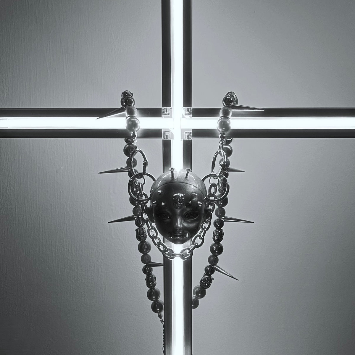 Silver Metallic "Third Eye" Crying Doll Face Choker - Black Leather & Gothic Cross Studs - Crux Jewelry product image 4