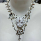 White Goth "Crying Angel" Spiked Doll Face Choker - Pearls, Coffins & Ornate Cross - Crux Jewelry product image 2