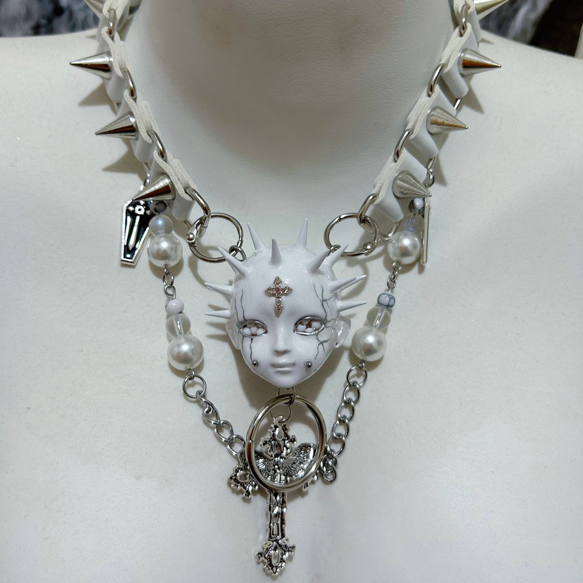 White Goth "Crying Angel" Spiked Doll Face Choker - Pearls, Coffins & Ornate Cross - Crux Jewelry product image 2