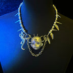 Silver Metallic "Third Eye" Crying Doll Face Choker - Black Leather & Gothic Cross Studs - Crux Jewelry product image 2