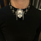 Silver Metallic "Third Eye" Crying Doll Face Choker - Black Leather & Gothic Cross Studs - Crux Jewelry product image 3