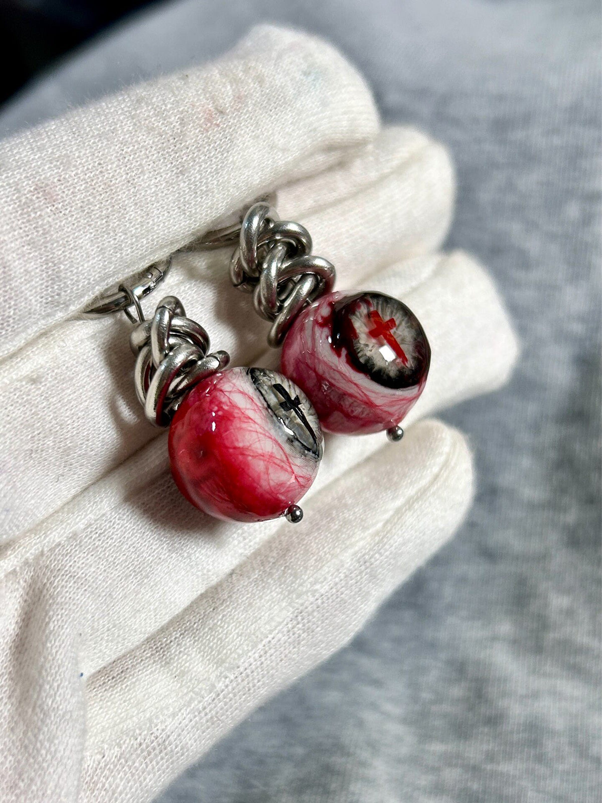 Sacred Torment | Heavy Chain Bloodshot Cross Eyeball Earrings - Crux Jewelry product image 4